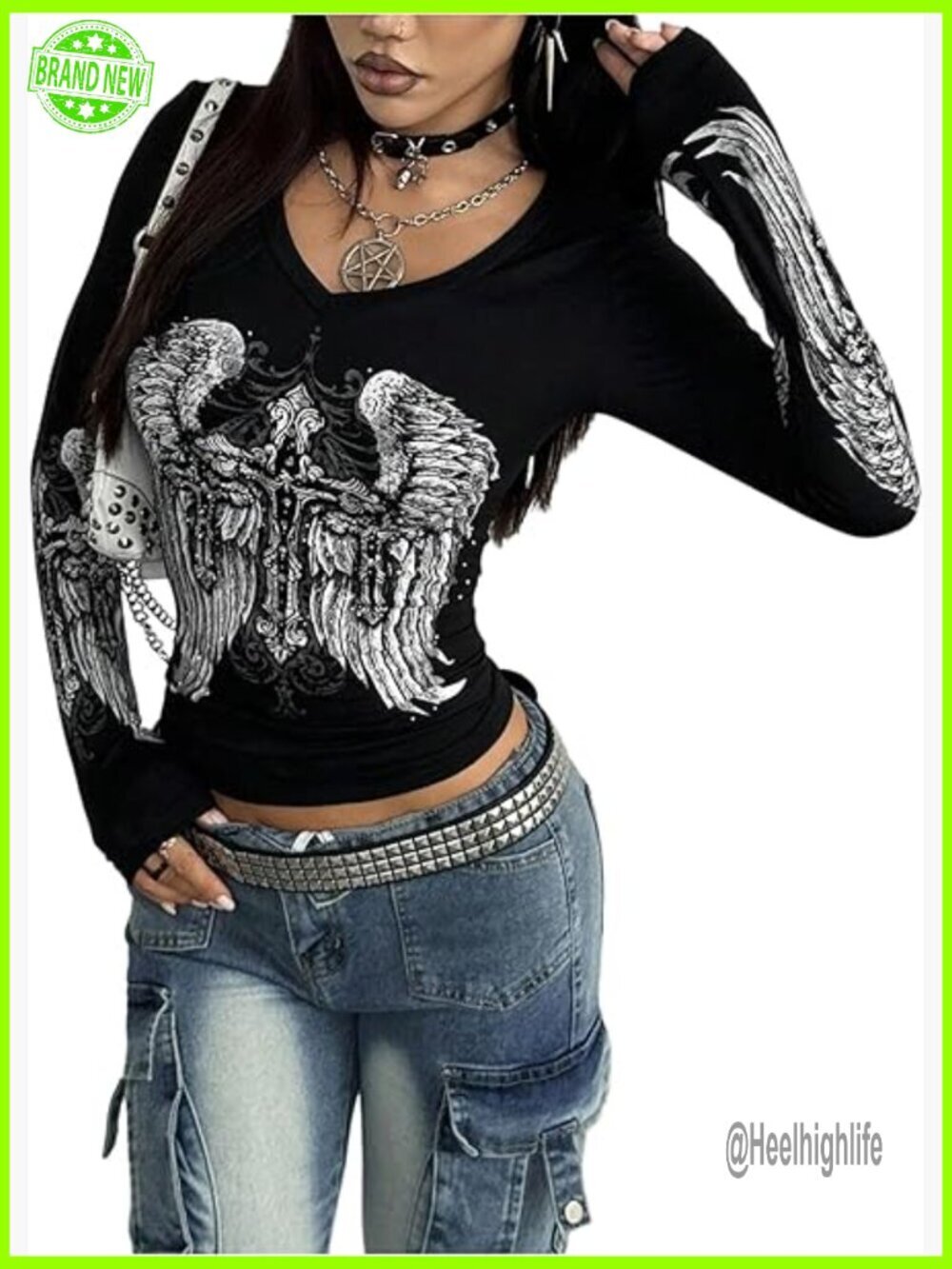 Vintage Y2K Gothic Long Sleeve Graphic Tee Women Punk Streetwear Top